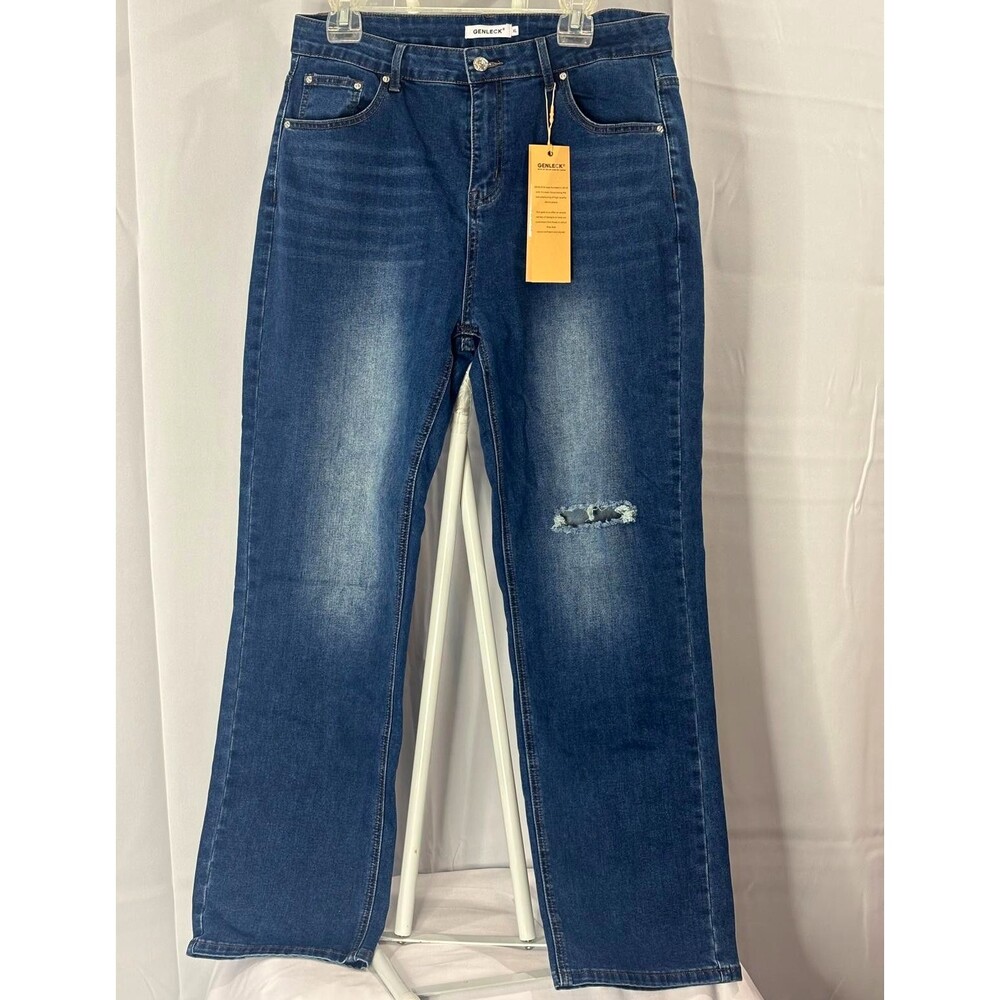 GENLECK Women’s XL Blue Jeans Distressed Straight Leg Stretch Denim NWT